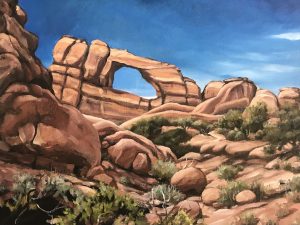 A painting of rock formations in the desert