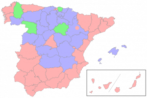 Spanish General Election Map 1936. Map showing the result of the 1936 Spanish general election. Those areas were the Popular Front won the most seats are in red, where the Right won are in blue, and where the Centre won are in green
