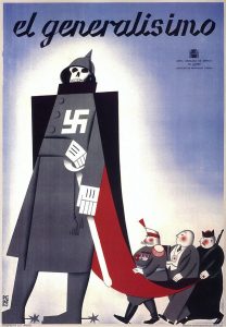 "El Generalísimo" Spanish Civil War poster from the socialist trade-union, U.G.T., showing a caricature of a foreign-supported Franco followed by a general, a capitalist and a priest, 1937