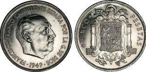 Moneda de 5 pesetas de Franco (1949) Imagen de Chencho Q. en Wikimedia Commons. Dominio público
