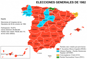 Mapa de las elecciones generales españolas de 1982 (elecciones al congreso de Diputados): voto mayoritario por provincias
