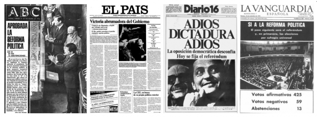 Portadas de 'ABC', 'El País', 'Diario 16' y 'La Vanguardia', del 19 de noviembre de 1976, un día después del fin del Pleno de la Reforma Política. / HEMEROTECAS ABC, EL PAÍS, EFE Y LA VANGUARDIA