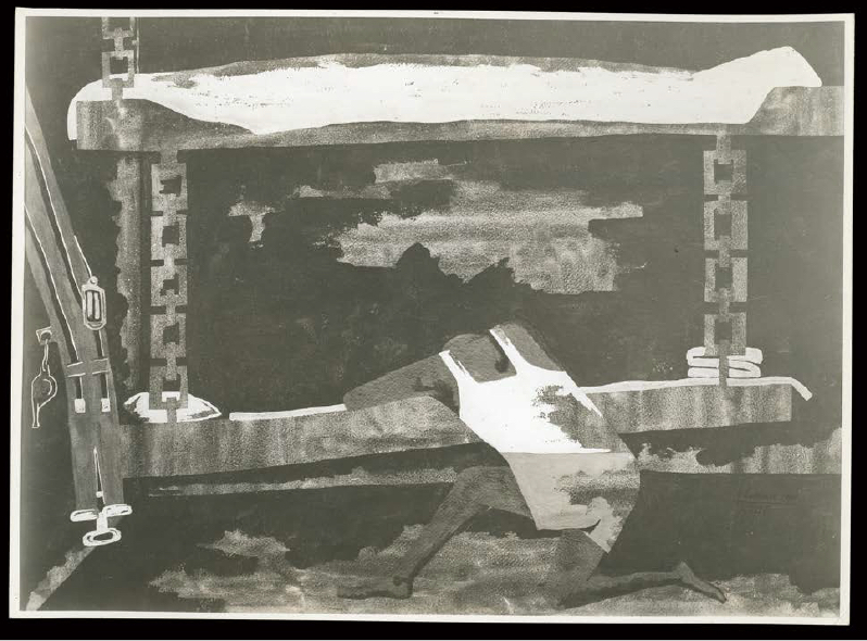 Black and white photograph of a painting showing a soldier in a tank top on his knees draped over his bunk