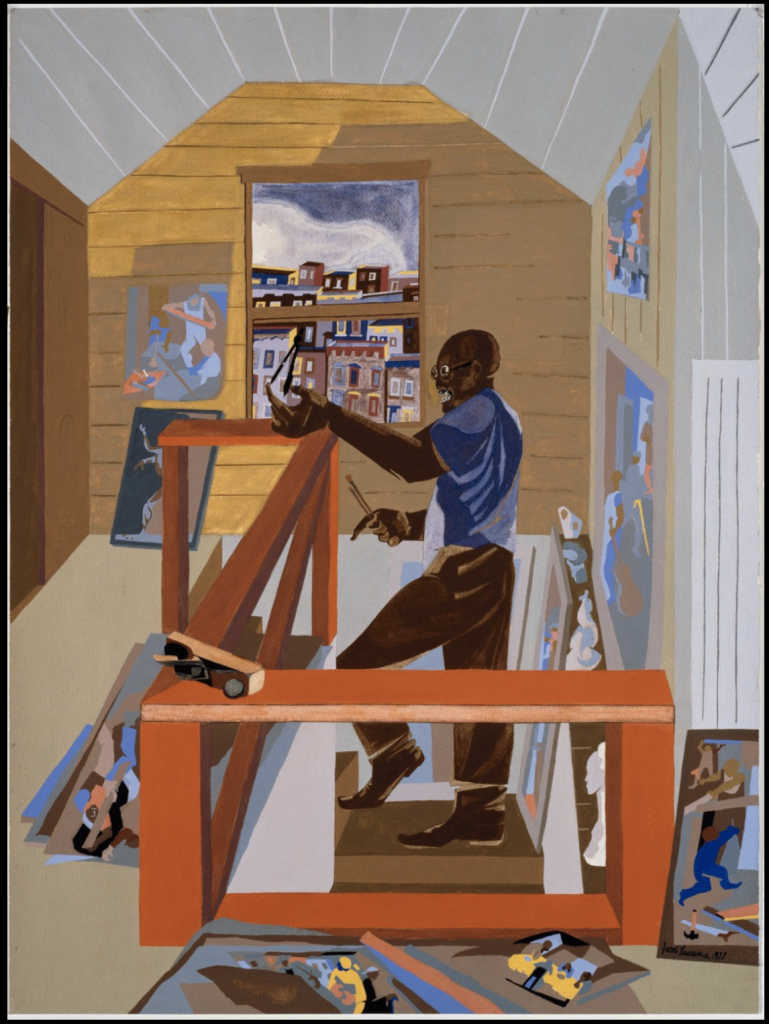 Painting by Jacob Lawrence, a self portrait of him in his Seattle studio