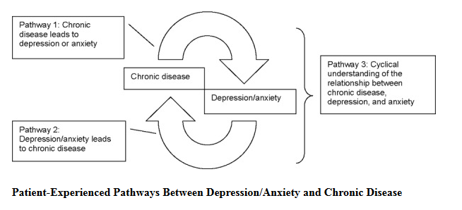 Pathway 1: chronic disease leads to depression or anxiety. Pathway 2: Depression or anxiety leads to chronic disease. Pathway 3: cyclical understanding of the relationship between chronic disease, depression, and anxiety.
