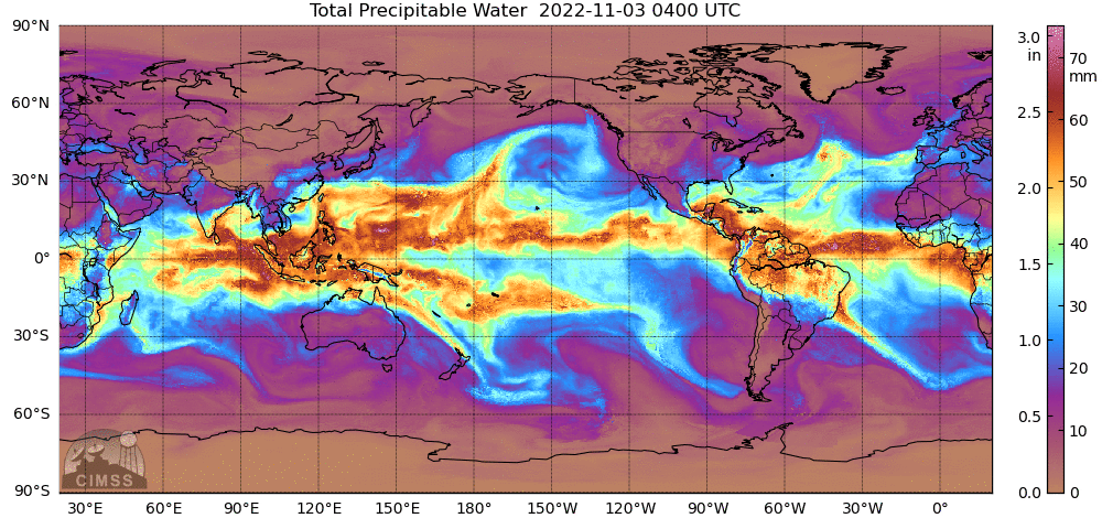 Animation of water vapor around the world for a 24 hour period.