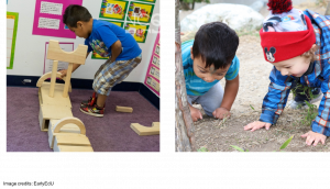 Child playing with wood blocks and two children exploring the ground