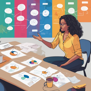 Robin eagerly participating in a group discussion or brainstorming session, surrounded by colorful charts and diagrams