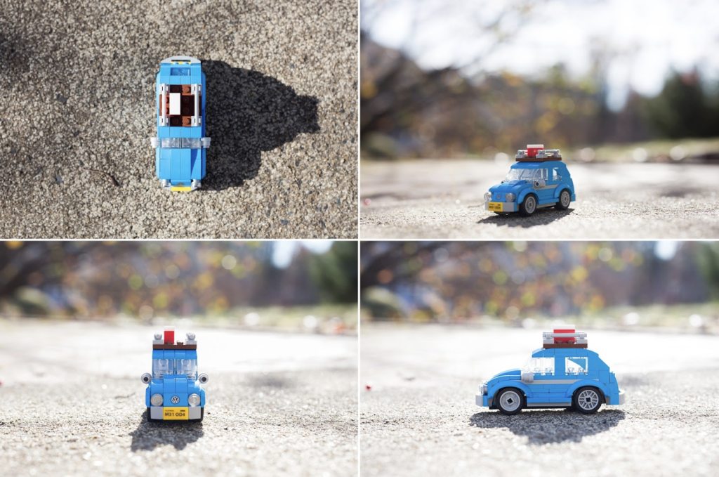 A toy car shown from different orientations