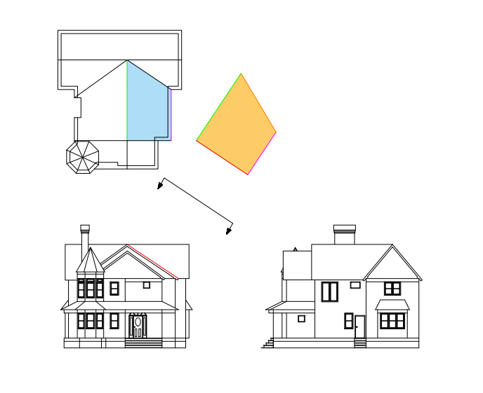 Multiview of a house with an inclined roof section.