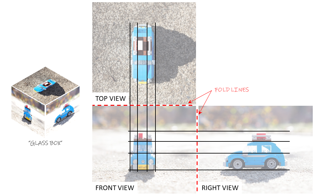 Principal views of the toy car, shown as a folded "box" and unfolded.