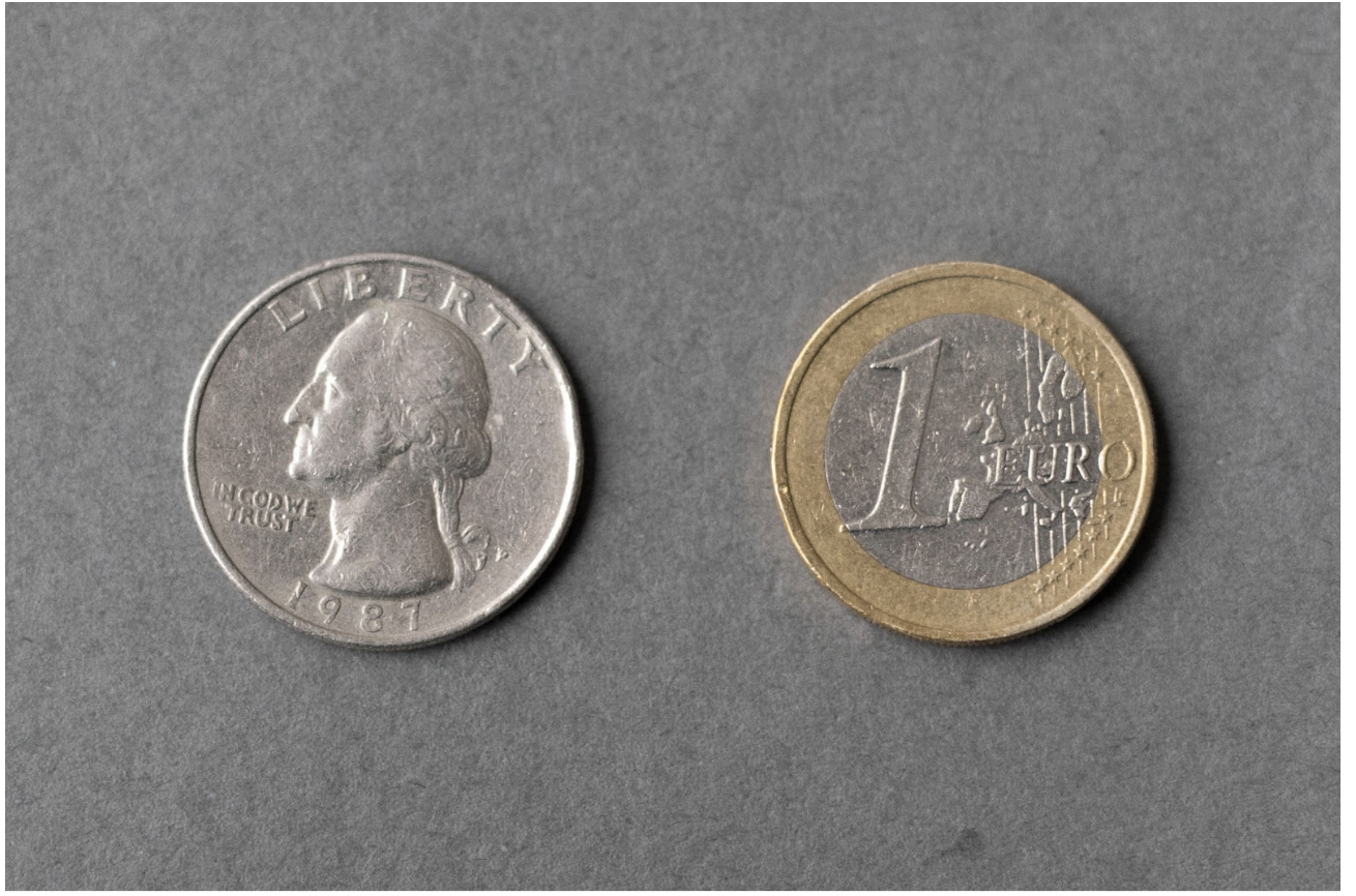 A quarter and a euro coin dimensioned using English units and Metric units