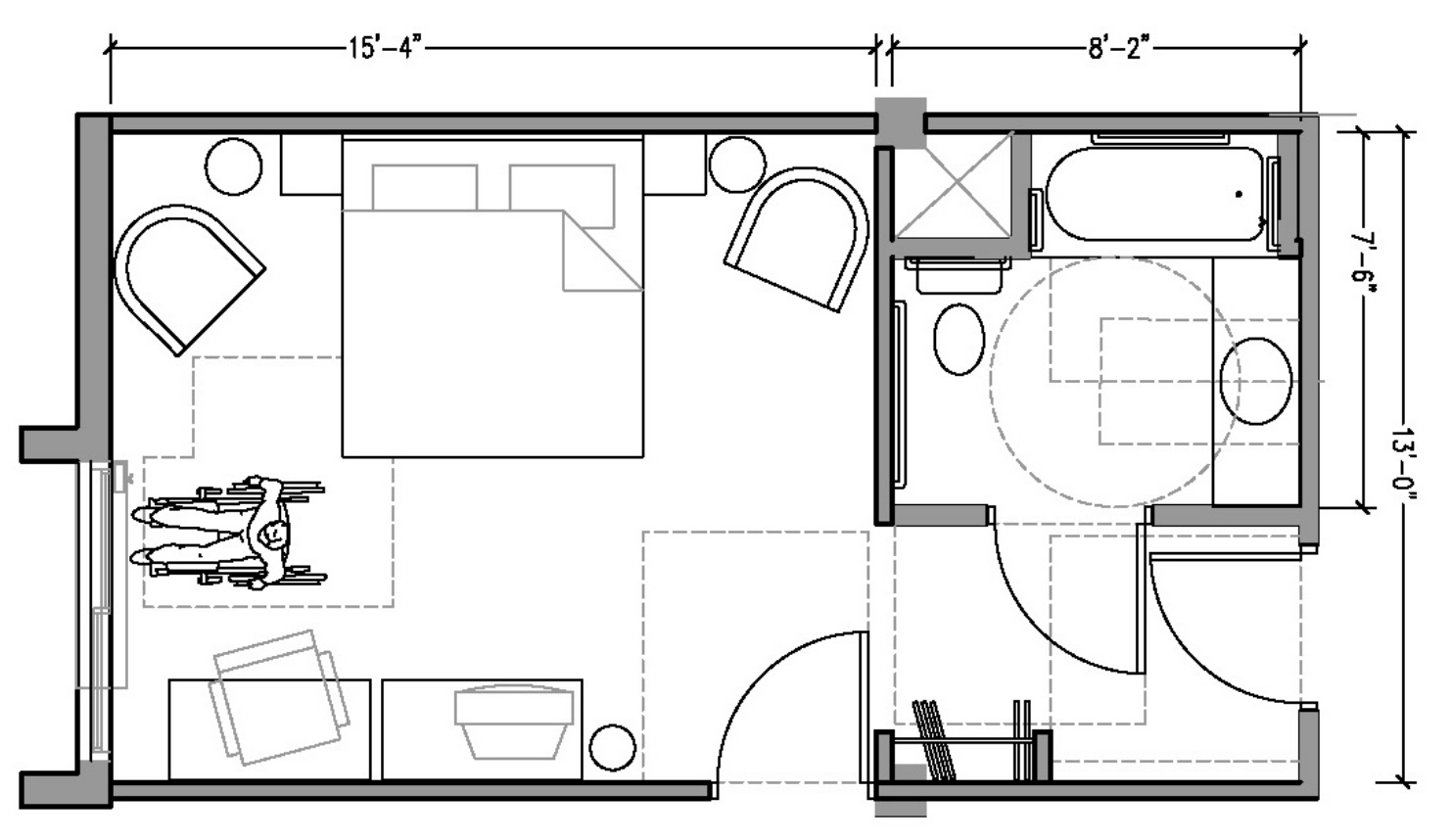 Floor plan of a hotel room showing basic dimensions of each room