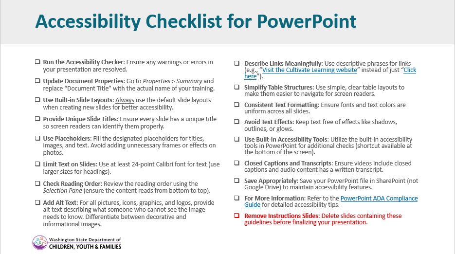 Image of a slide with the checklist for accessibility.