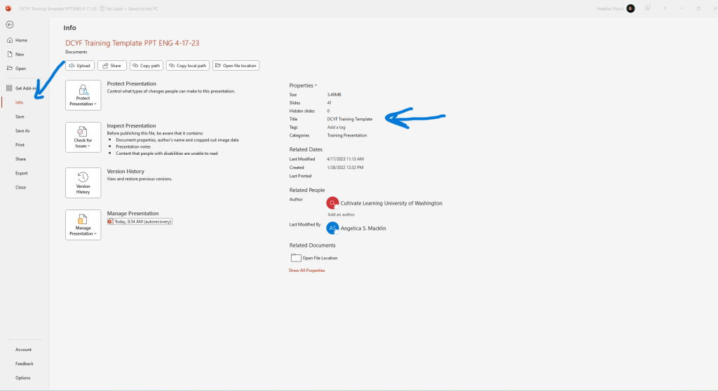 Screenshot showing properties of a PowerPoint presentation.