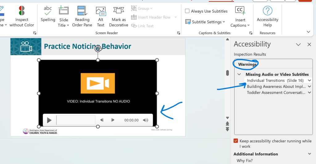 Warning about video captioning in the accessibility review