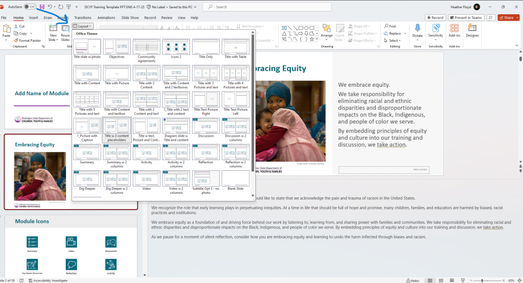 Example of slide layout choices in a template.