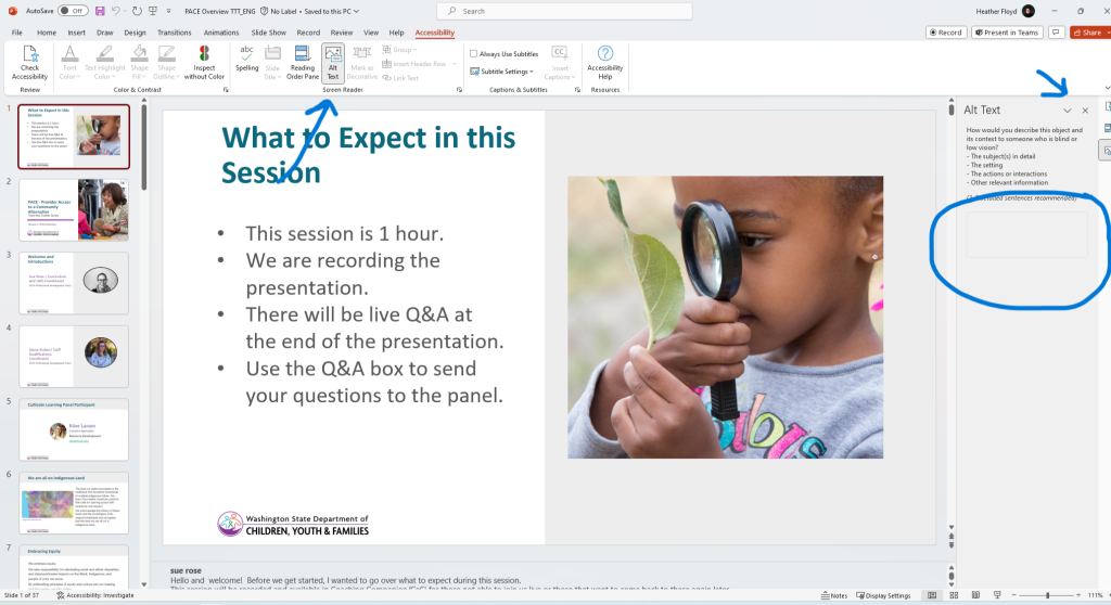 A screenshot of a PowerPoint presentation demonstrating how to add Alt Text.