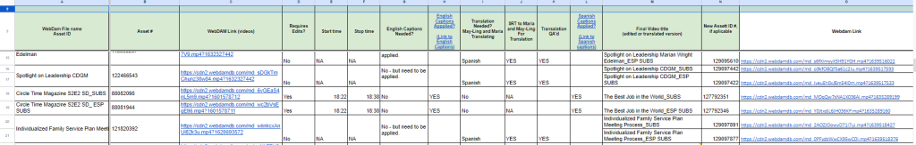 Example Video Editing Sheet