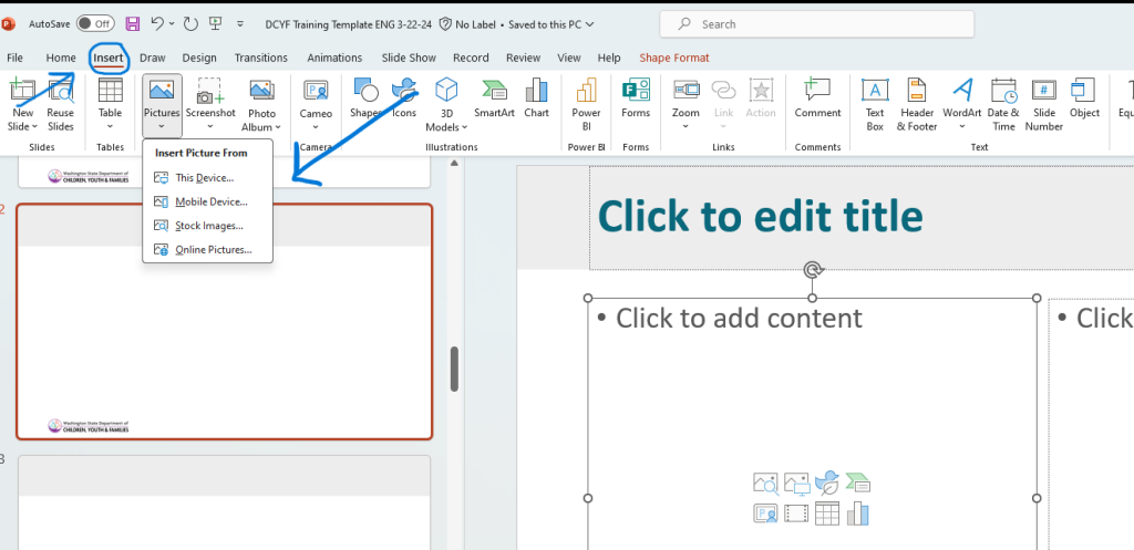 Screenshot to insert pictures into PowerPoint using the insert feature.