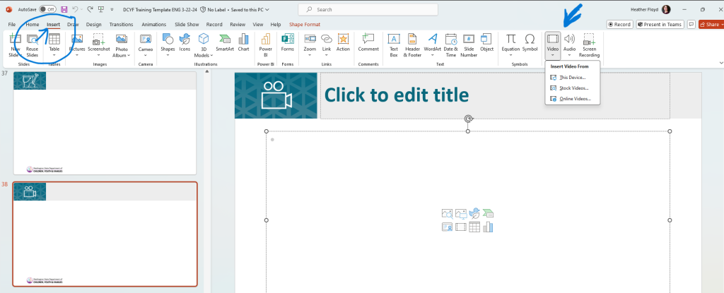 Screenshot of Insert from feature for video on PowerPoint