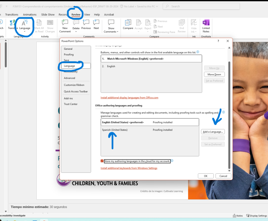 Screenshot demonstrating how to add language preferences to a PowerPoint using PowerPoint features.