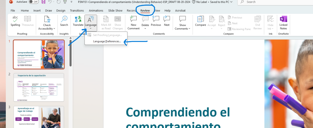 Screenshot demonstrating how to select langauge preference for a PowerPoint.