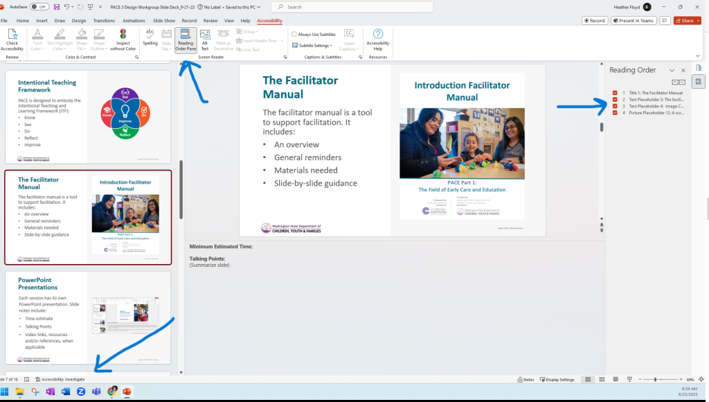 Screnshot of a PowerPoint presentation demonstrating how to check reading order.