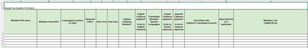 Screenshot of the Video Edits, Captions, and Translation sheet