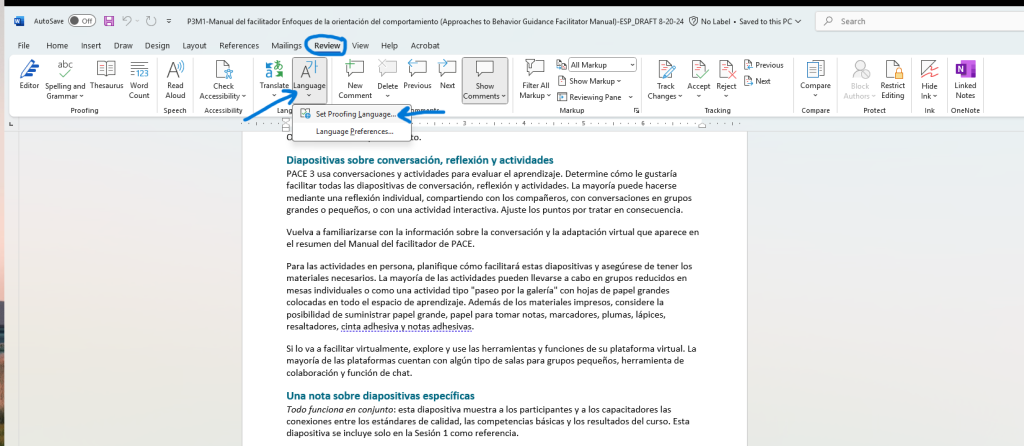 Screenshot demonstrating how to select the proofing langauge.