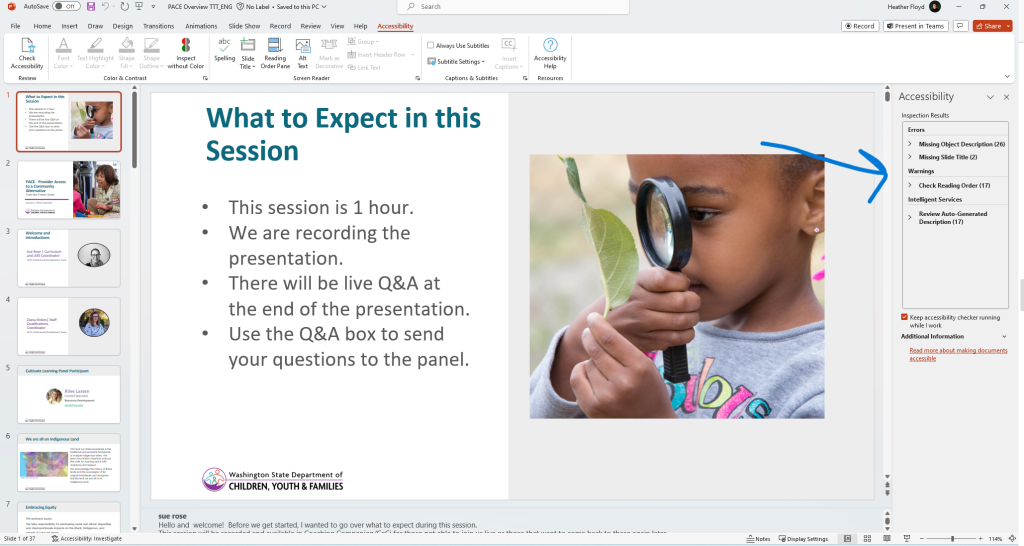 A screenshot of a PowerPoint presentation demonstrating the accessibility review reading pane.