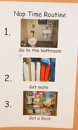 classroom's nap time routine listed in three steps with pictures to illustrate each: go to the bathroom, get mats, get a book.