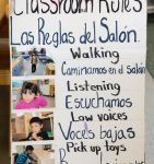 "Classroom Rules" or "Las Reglas del Salon" listed in both English and Spanish. The accompanying pictures show students in the class demonstrating each rule.