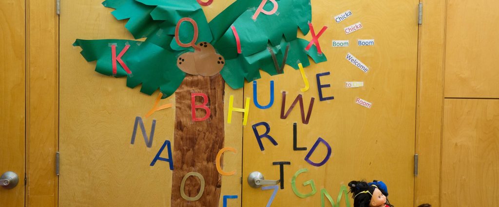 large tree displayed on a classroom wall with letters surrounding it. It's a reference to the book, "Chicka Chicka Boom Boom."