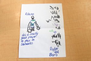 child's drawing of a football player with a dictated description that the educator wrote that says, "He's a really good player. He plays on Seahawks."