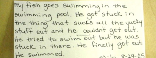 child's dictated story that an educator wrote on a note card.