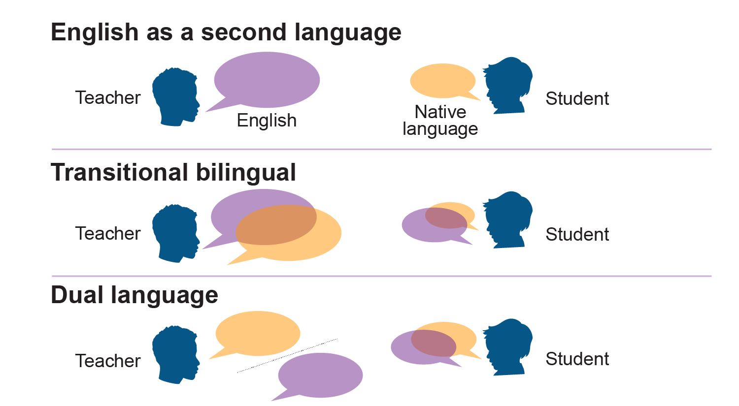 Illustrating the distinction among three models: English as a second language, transitional bilingual and dual language