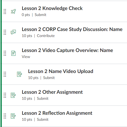 Module view of sample assignments in a course session including quiz, discussion, video assignment, and reflection assignment.