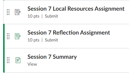 The optional assignment is present but not published in the session module.