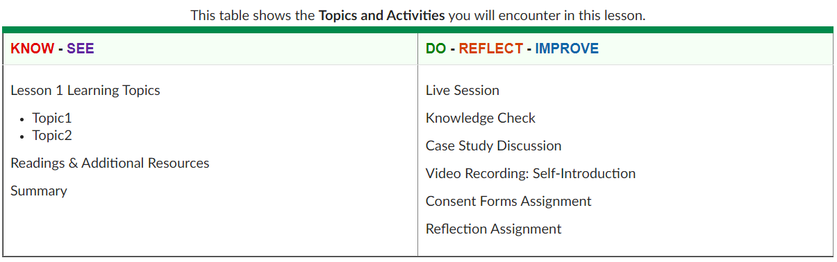 Screenshot of a table showing a visual outline of lesson topics and activities