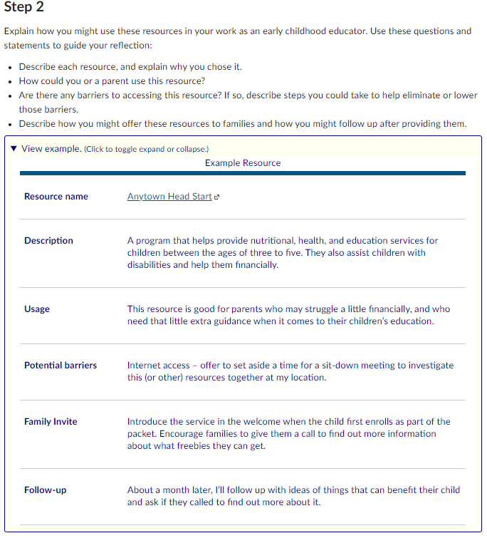 Example provided on screen for the complex assignment, can be hidden or viewed by the user.