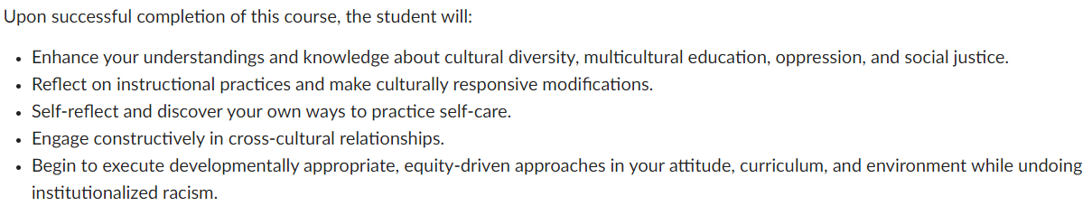Course objectives refer to successful completion, and each objective begins with a verb: enhance, reflect, self-reflect, engage, execute.
