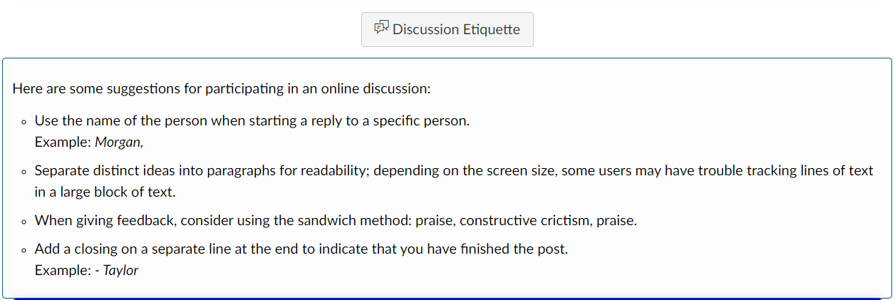 Suggestions for participating in an online discussion including using peer names and feedback with a mix of praise and constructive criticism.