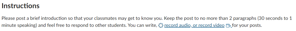 Discussion post instructions with a link to LMS guide on recording audio and video