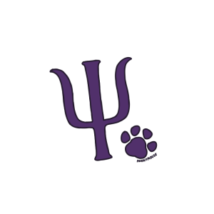 A drawing of the the Greek letter psi, which is the shape of a trident or pitchfork. Beside it is a paw print. Both are dark purple.