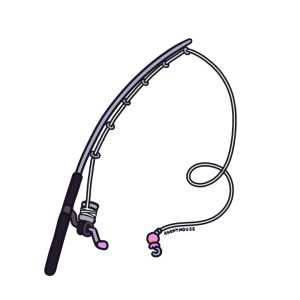 A drawing of a fishing rod with pink accents.