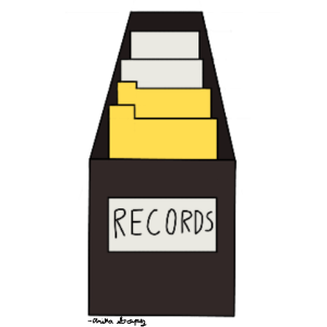 A drawing of a file box with yellow file folders labelled "RECORDS" in all caps.