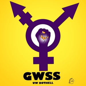 A purple symbol is displayed on a white background. The symbol is a combination of the male and female symbol, with a third arrow out of the left side. This is commonly used as the transgender symbol. There is a purple hand in the center of the symbol. Underneath, text reads "GWSS UW Bothell".