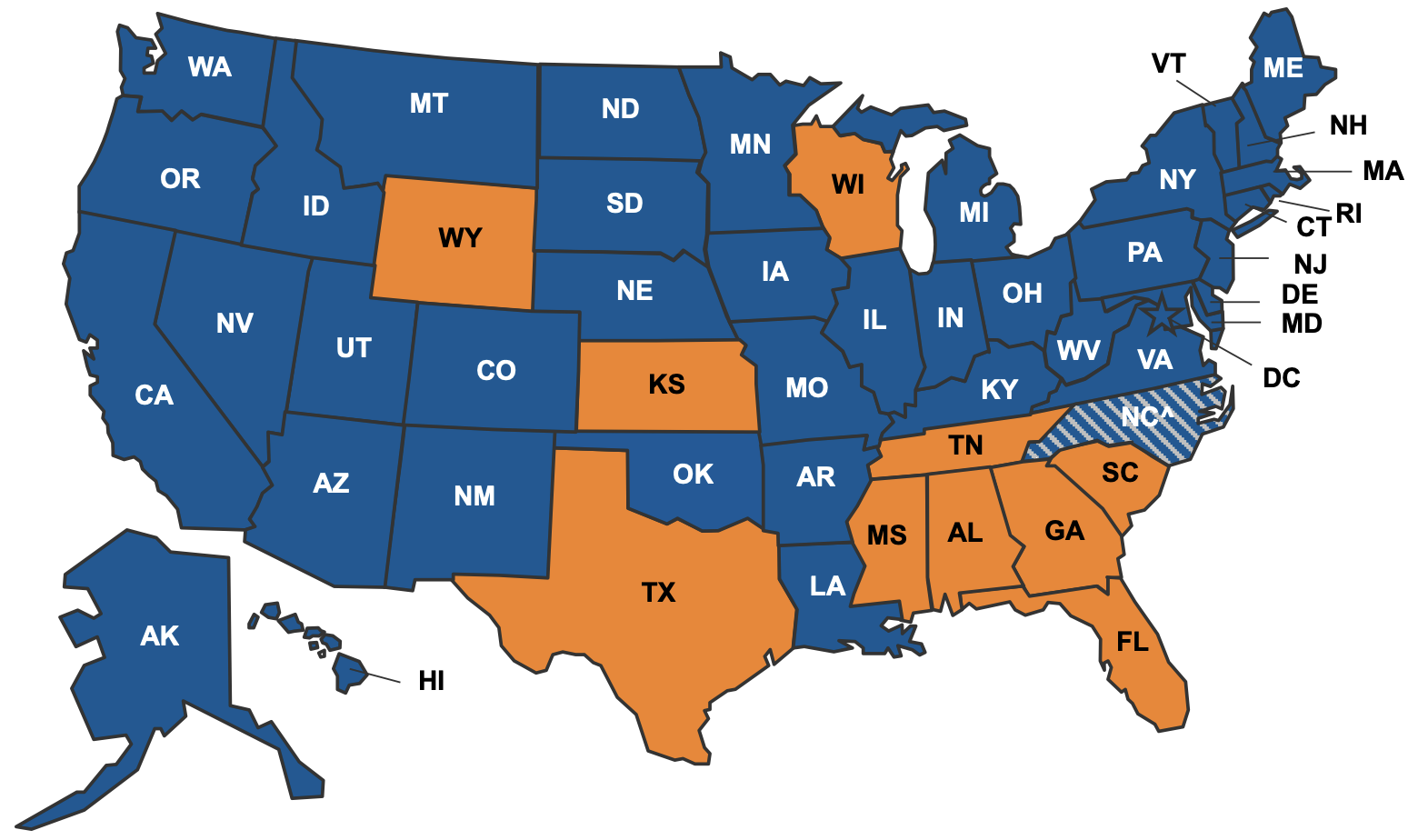 Map of the United States of America showing 2023 Medicaid Expansion adoption and implementation by state.