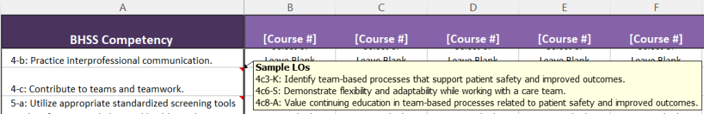 Screenshot of the Detailed Gap Analysis Tool sample LOs hover menu available for each competency.